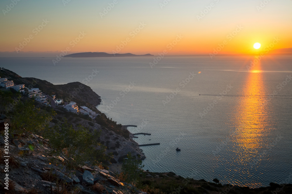 Sunset in Crete. Greek Island. Seaside of Crete island,  Greece.