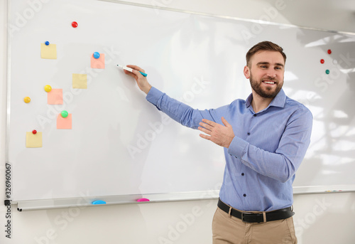 Wall Mural Portrait of young teacher writing on whiteboard in classroom