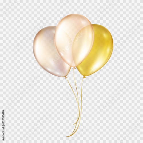 Balloons isolated on transparent background. Vector realistic helium golden rose, glossy gold and pink birthday bunch of baloons. .