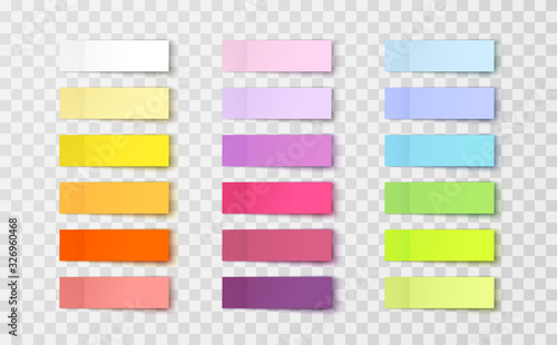 Post note stickers isolated on transparent background. Vector colorful paper sticky tapes set with shadow template..