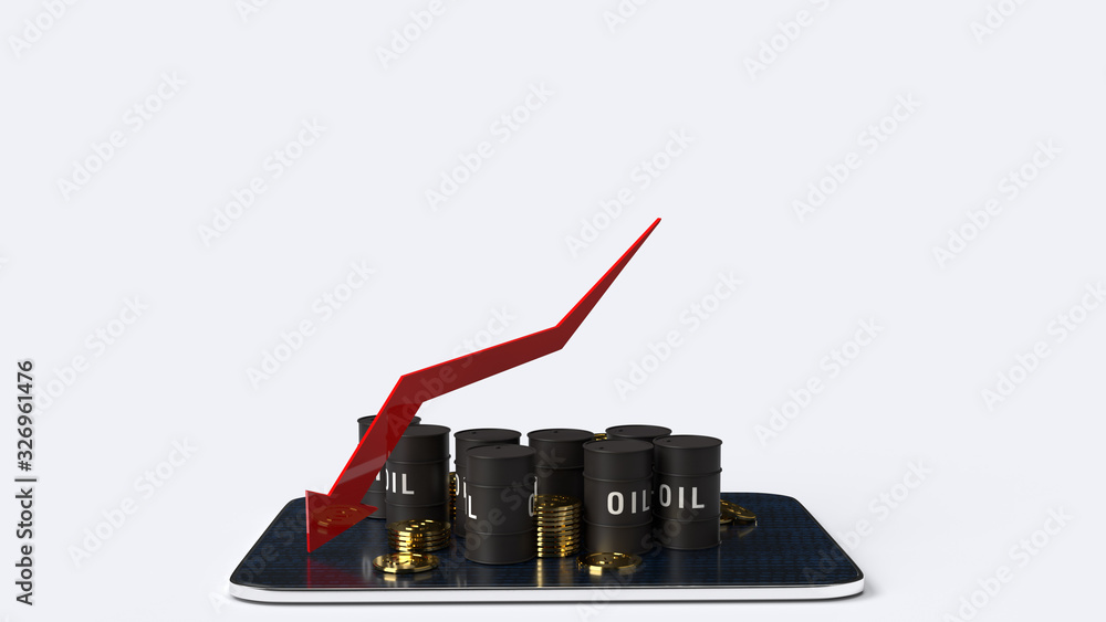 red Arrow pointing down and oil tanks 3d rendering image for Petroleum business content. red Arrow pointing down and oil tanks 3d rendering image for Petroleum business content.