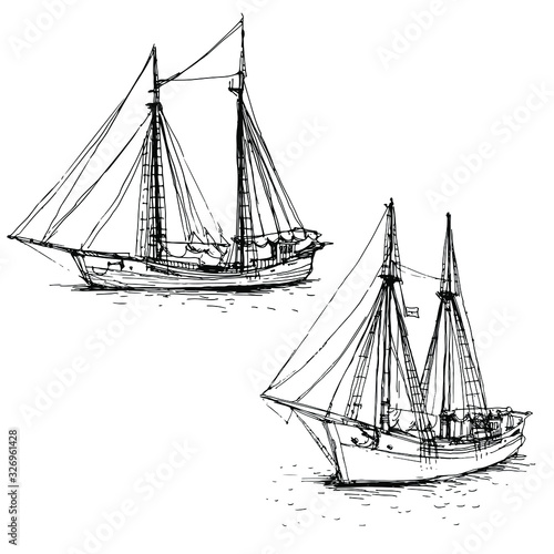 Vintage ship, sailboats set. Hand drawn line art sketch. Black and white doodle vector illustration, design for coloring book page