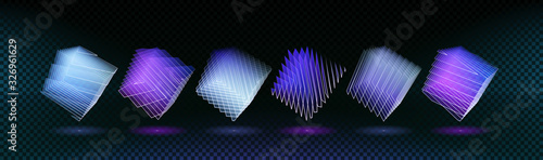 Set of stylized cubes. A collection of neon gratings with their structure transmitting a volumetric cube. A set of 3d objects consists of luminous lines on a transparent background. Vector. Eps10