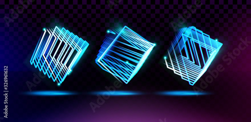 Set of stylized cubes. A collection of neon gratings with their structure transmitting a volumetric cube. A set of 3d objects consists of luminous lines on a transparent background. Vector. Eps10