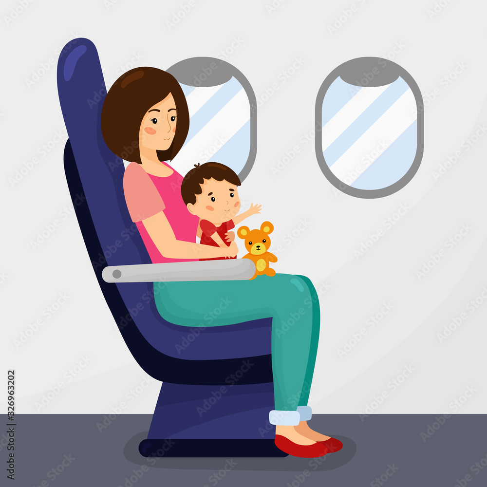 the-interior-of-the-airplane-a-young-woman-travels-with-a-child-on-an