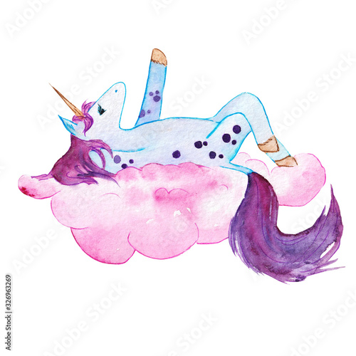 Watercolor illustration of a blue dreaming unicorn on a pink cloud Hand drawn watercolour isolated cut out on white background.