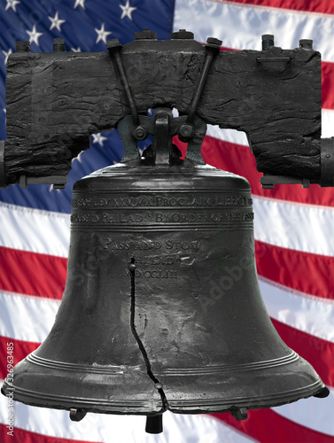 Isolated statue of the authentice Liberty Bell, Philadelphia, PA. The United States was digitally added to the background.