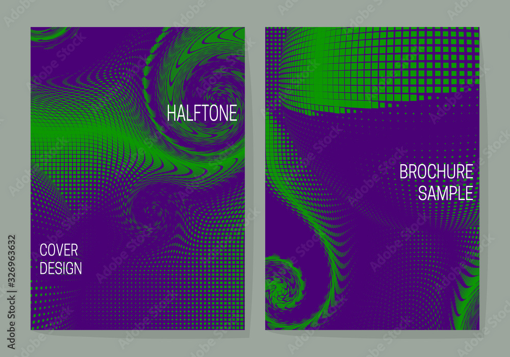 Vibrant saturated cover design templates with purple green halftone dotted backgrounds. Layouts for book, brochure, booklet, leaflet or journal covers.