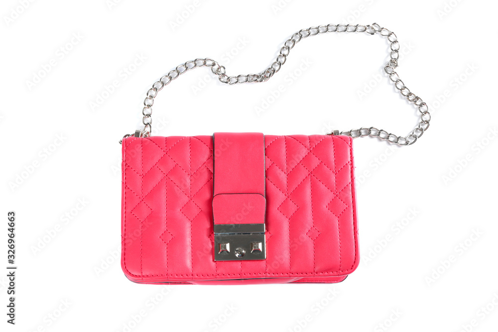 Stylish pink leather bag isolated on white, top view Stylish pink leather bag isolated on white, top view