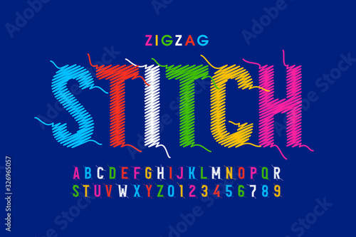 Zigzag stitch style font design, alphabet letters and numbers