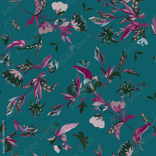Delicate floral ornament of branches, leaves and inflorescences on a pink background. Seamless pattern.