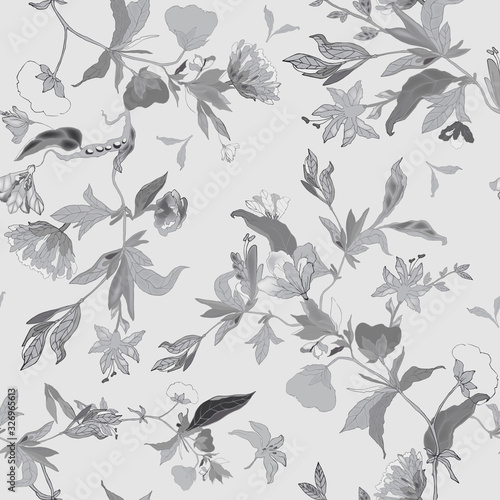 Delicate floral ornament of branches, leaves and inflorescences on a pink background. Seamless pattern.
