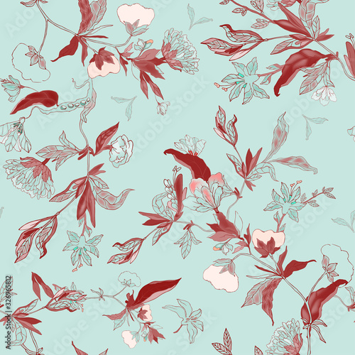 Delicate floral ornament of branches, leaves and inflorescences on a pink background. Seamless pattern.
