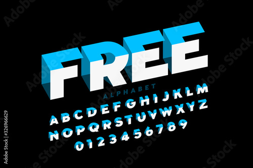 Three dimensional style font design, alphabet letters and numbers