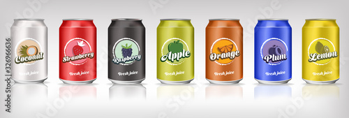 Set of soft drinks in aluminum packaging.
