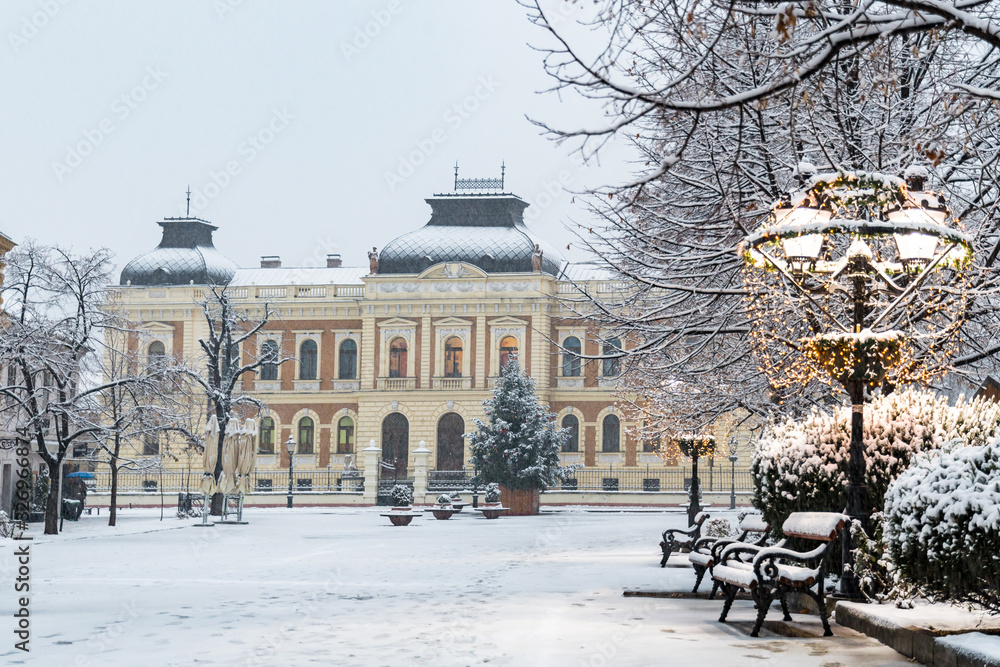 Downtown of Sremski Karlovci at snow