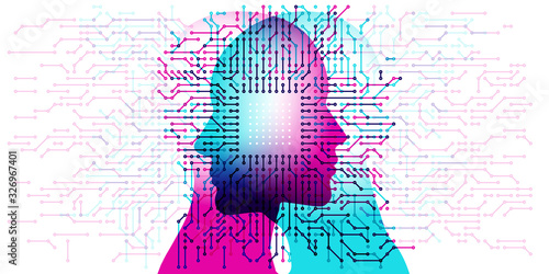 A male and female side silhouette positioned face to face, overlaid with a pattern of circuit board, computer and electronic - board shapes. A white CPU detail is positioned in the centre.