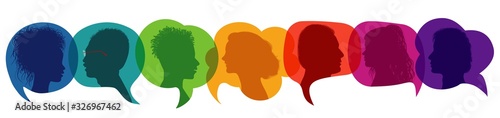 Dialogue group of diverse people.Communication multiethnic people.Crowd multicultural talking.Silhouette profiles.Rainbow colors.Sharing ideas and thoughts.Speak.Friendship.Speech bubble