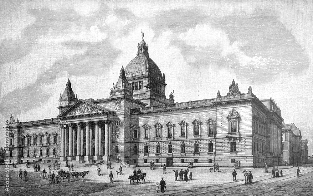 Imperial Court Building in Leipzig Germany / Antique engraved illustration from Brockhaus Konversations - Lexikon 1908 Imperial Court Building in Leipzig Germany / Antique engraved illustration from Brockhaus Konversations - Lexikon 1908