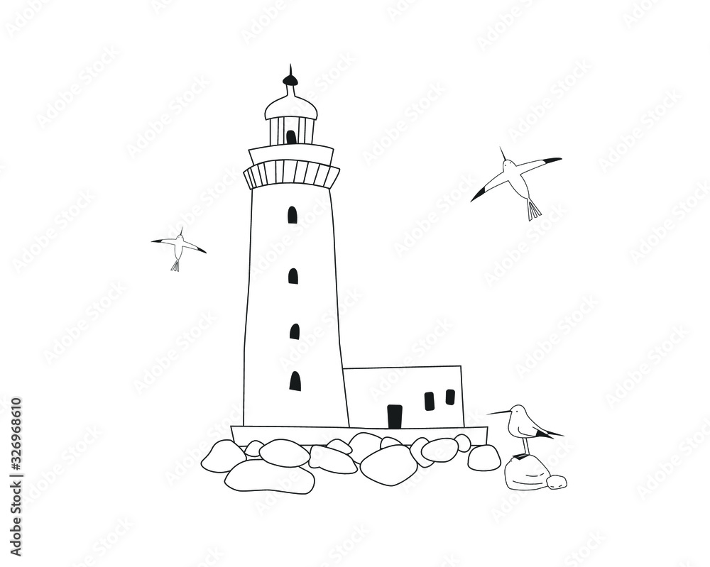 Vector sketch seascape with seagulls and lighthouse. Black and white hand drawn image sea and lighthouse.