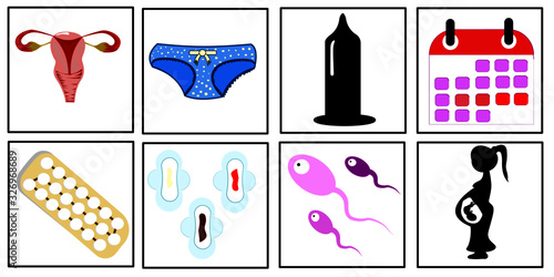 Feminine hygiene set with menstrual , uterus, tampon, menstrual calendar,  panty, sperm, Condom, sanitary napkin, and pills. Menstruation concept.Vector illustration on white background. birth control