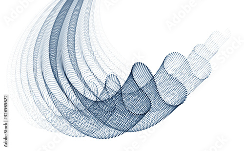 Vector abstract background with wave of flowing particles, smooth curve shape lines, transparent tulle textile on wind. 3d shape dots magic blended mesh.