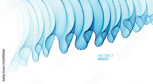 Array of particles flowing, dynamic wave transparent tulle textile on wind. 3d vector illustration. Mesh round dots, beautiful relaxing wallpaper illustration.