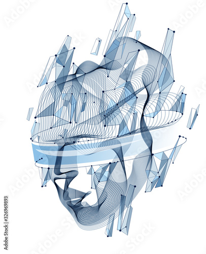 Spirit of digital electronic time, Artificial Intelligence vector illustration of human head made of dotted particles wave lines, particle flow, technological soul of machine.