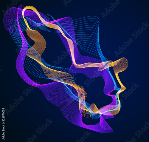 Technological evolution time, digital software soul of machine, human head vector portrait made of dotted particles flow in wave shapes lines. Beautiful futuristic illustration.