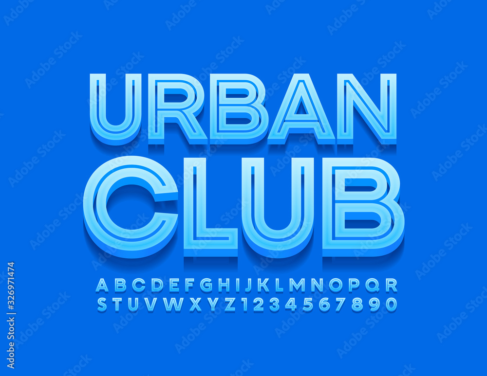 Vector bright logo Urban Club. Blue 3D Font. Stylish Alphabet Letters and Numbers Vector bright logo Urban Club. Blue 3D Font. Stylish Alphabet Letters and Numbers