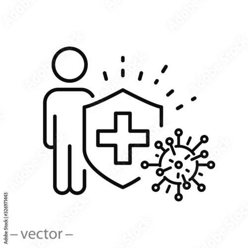 human immune from flu germ icon, man protection against the virus, hygiene shield, bacterial prevention, thin line web symbol on white background - editable stroke vector illustration eps10