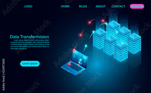 Data Transfermision concept, downloading and uploading data to the server. vector illustration isometric style