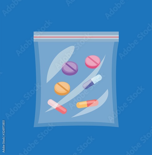 drug on plastic bag with ziplock, receipt medicine from doctor for patient cartoon flat illustration vector isolated in blue background