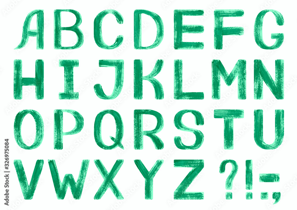 Latin alphabet with green letters. Hand-painted illustration. English alphabet. Isolated on white background. Emerald-green textured font. Eco, spring, summer font. Gouache, oil or acrylic technique.