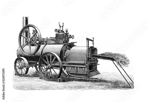 Antique locomobile or locomotive / Antique engraved illustration from Brockhaus Konversations - Lexikon 1908 photo