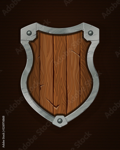 Empty Shield for Emblem or Logo. Medieval Wooden Shield. Cartoon Shield. Can Be Used in Mobile or Web Game