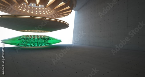 Abstract architectural background interior made of wood, concrete and glass. Neon lighting. 3D illustration and rendering.