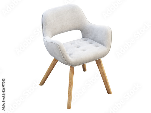 White fabric chair with wooden legs. 3d render