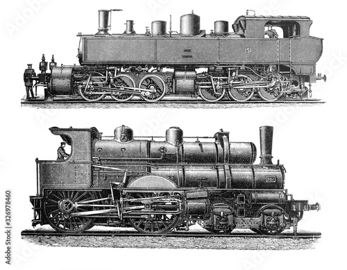 Antique locomotive steam train / Antique engraved illustration from Brockhaus Konversations - Lexikon 1908 photo