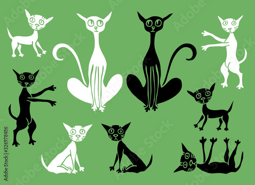 Vector image of silhouettes cartoon cats with their kittens