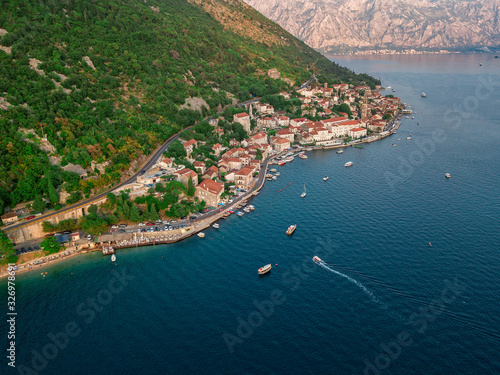 Aerial view of Perast is an old town on the Bay of Kotor in Montenegro. 09-05-2019. It is noted for its proximity to the islets of St. George and Our Lady of the Rocks