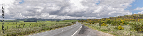 фотографія highway 5 bends in lush green hilly countryside with broom shrubs,  near Iwitahi