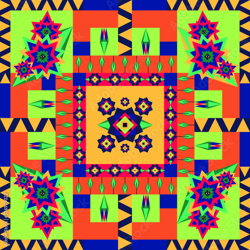 Seamless vector pattern with geometrical flowers on quilt square Floral repeat fabric swatch with colourful flowers. 