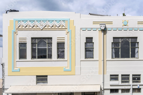 decorated picturesque 30's Deco building facade, Napier, New Zealand