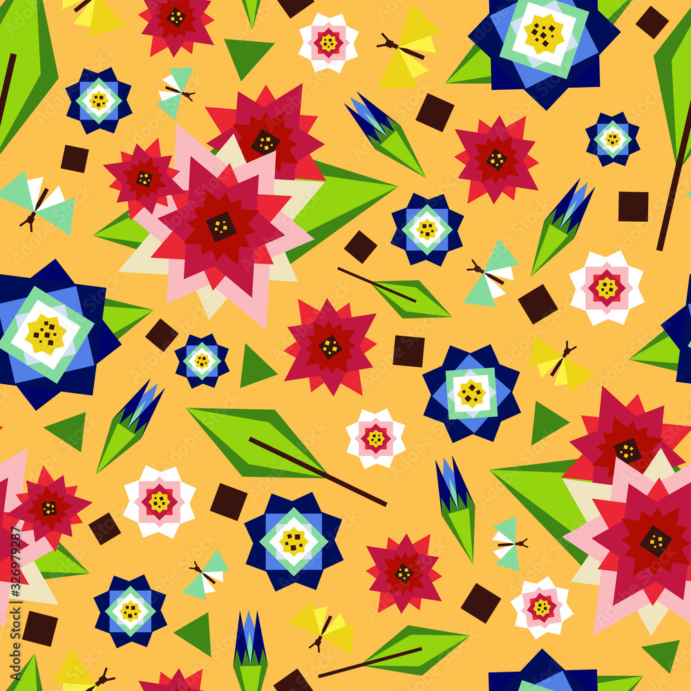 Seamless vector pattern with geometrical flowers on light yellow background. Abstract vintage floral wallpaper design.