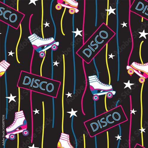 Seamless vector pattern with roller skates and stars on black background. Retro wallpaper design with neon colours. Fun lifestyle sport vintage fashion.