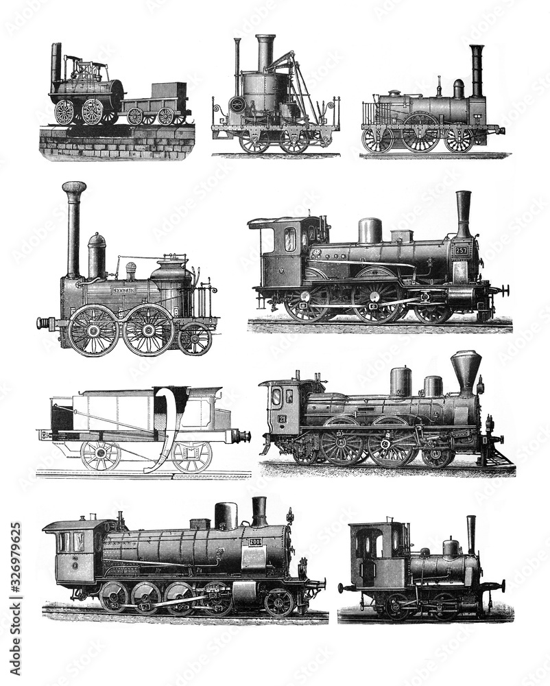 Antique locomotive train collage / Antique engraved illustration from Brockhaus Konversations - Lexikon 1908