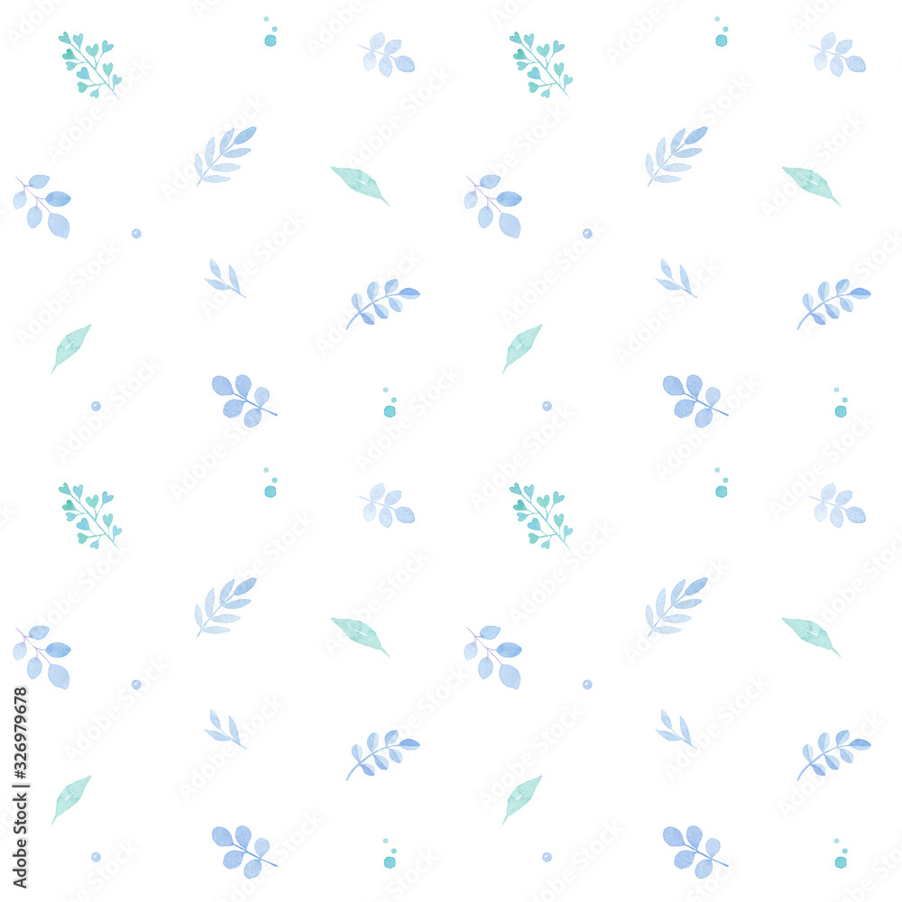 Obraz premium Spring seamless pattern of leaves in watercolor, greetings card, isolated on white, pastel colors