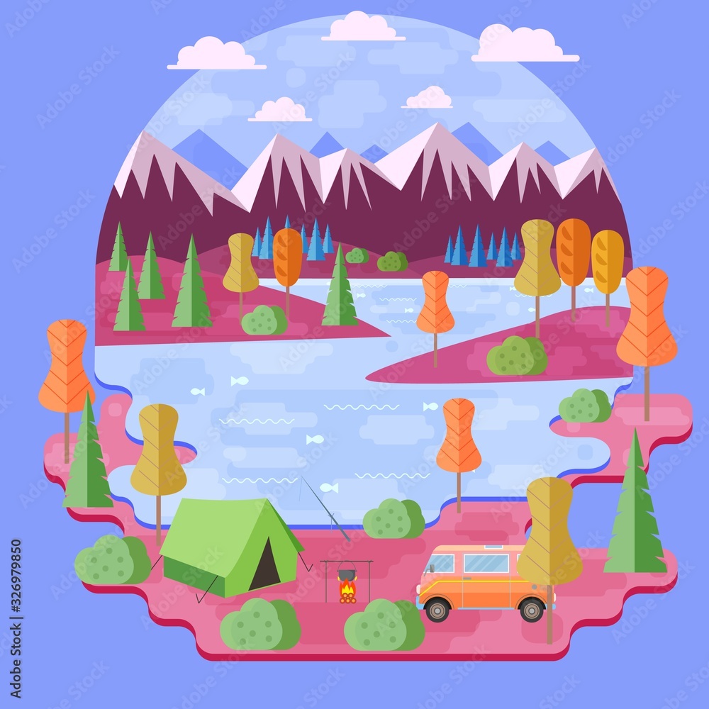 Obraz premium Cartoon vector flat illustration: summer camping, camp in a forest of tents, green trees, Christmas trees in a Park in the mountains, a campfire on a hike, a river with fish, arrived by minibus.
