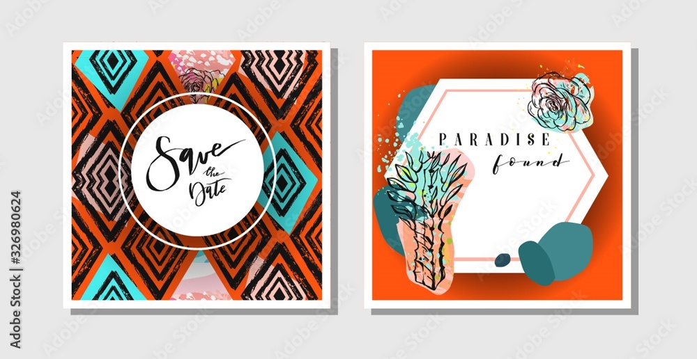 Hand drawn vector abstract creative collage freehand textured save the date greeting cards collection set template with succulent flowers and cactus plants isolated